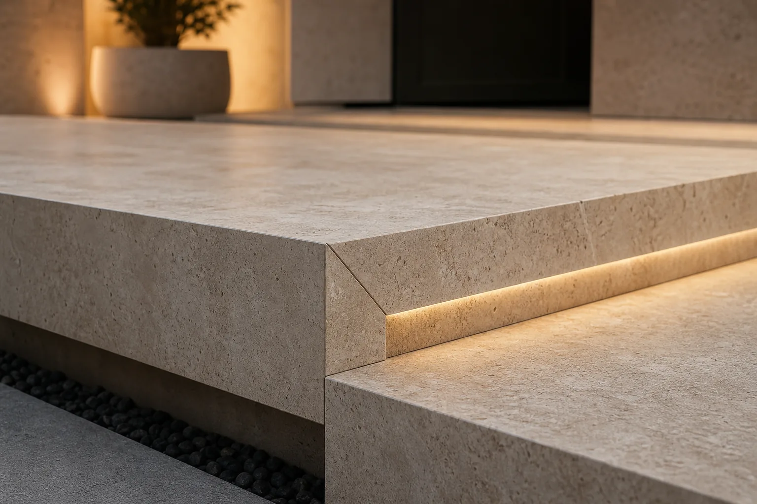 Detail einer Natursteinkante mit integrierter Lichtlinie